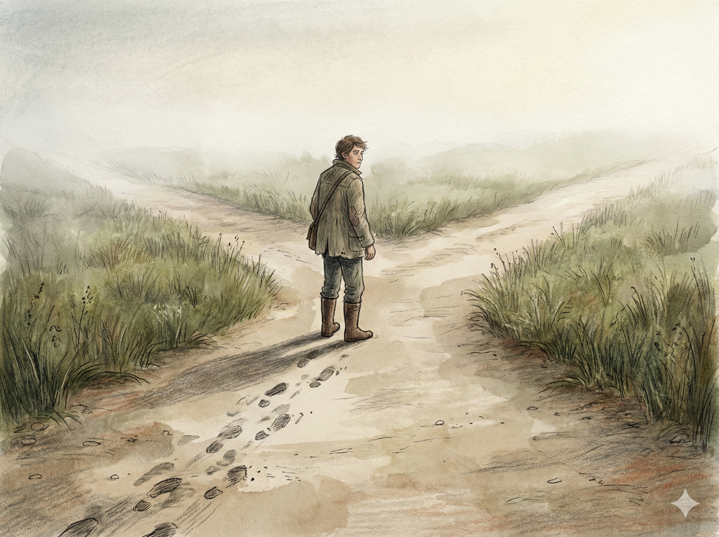 A person standing at a forked path, unsure which direction leads forward