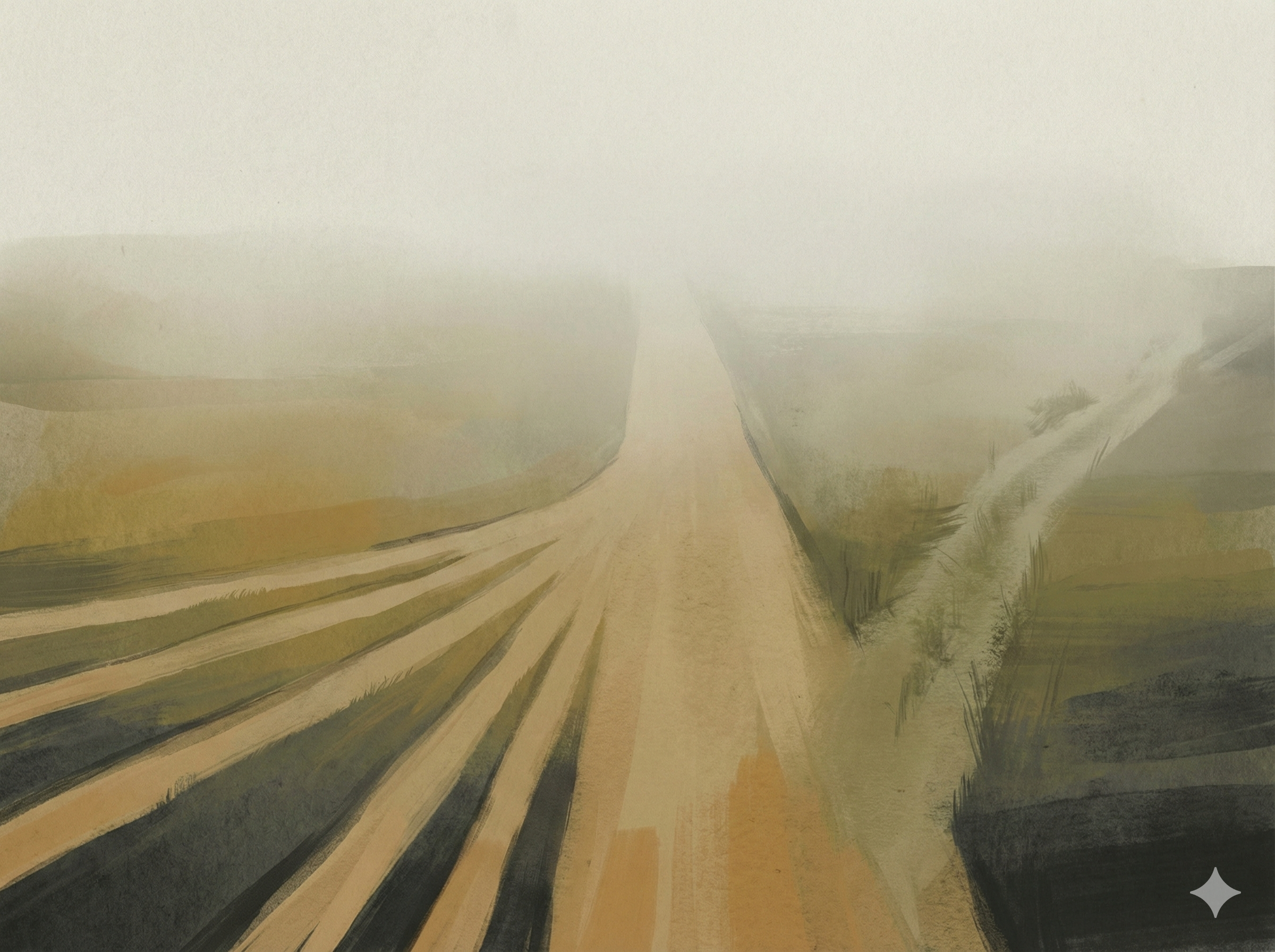 A fast-moving road fading into fog, symbolizing speed without clarity