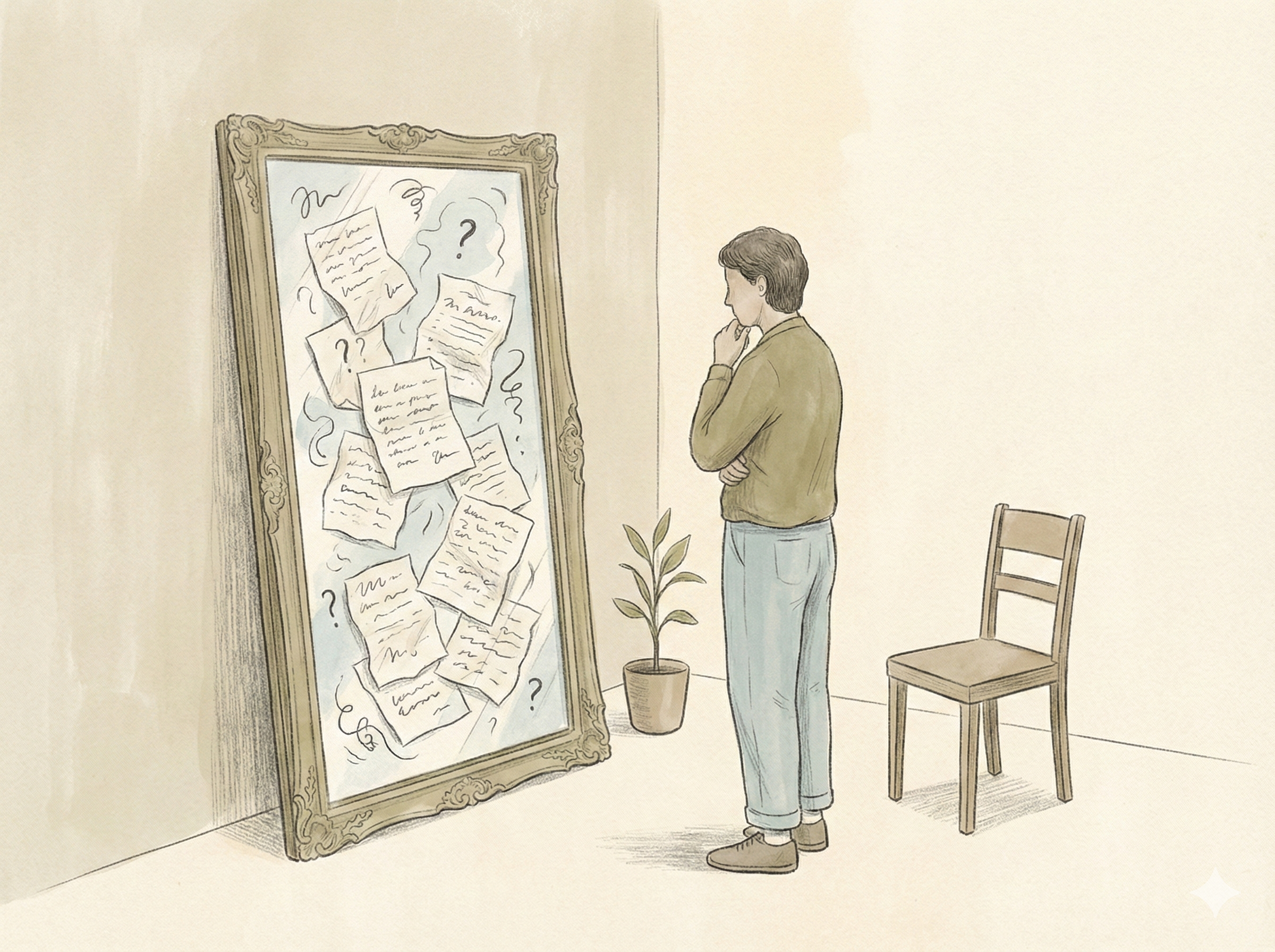 A person standing in front of a mirror that reflects scattered notes and question marks instead of their face, symbolizing unclear thinking and self-reflection