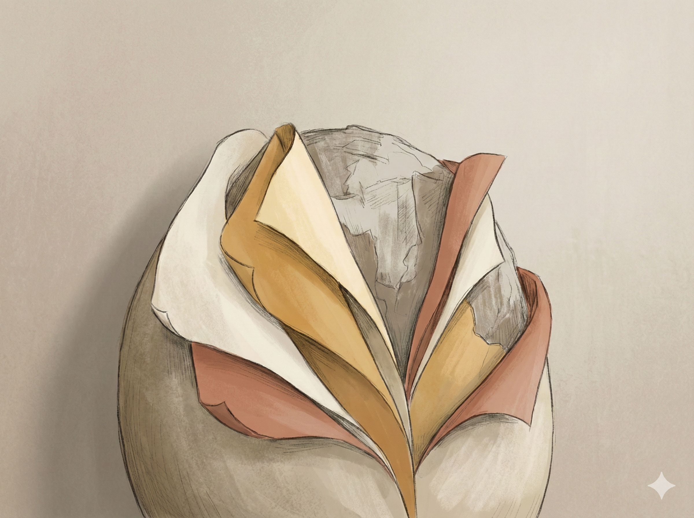 Abstract illustration of layered shapes being peeled back to reveal an unfinished core, representing how speed exposes weak thinking