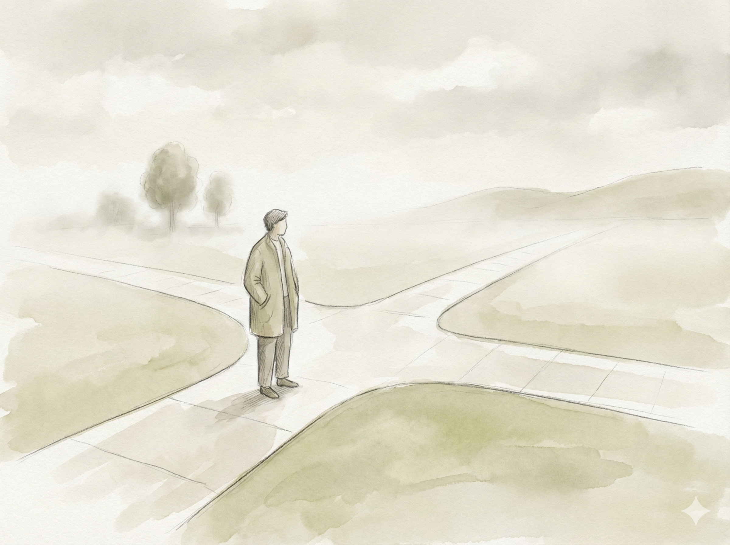 A person standing at a forked path, representing uncertainty and the need to choose a direction before moving forward
