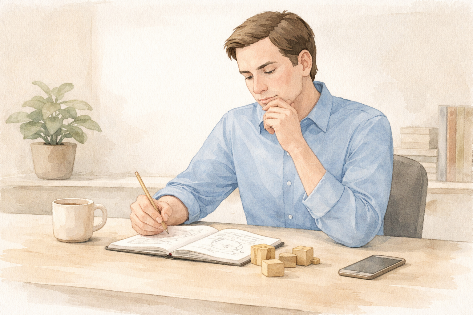 A person writing and thinking deeply at a desk, pausing to reflect while building ideas slowly, with blocks and notes nearby in a quiet workspace