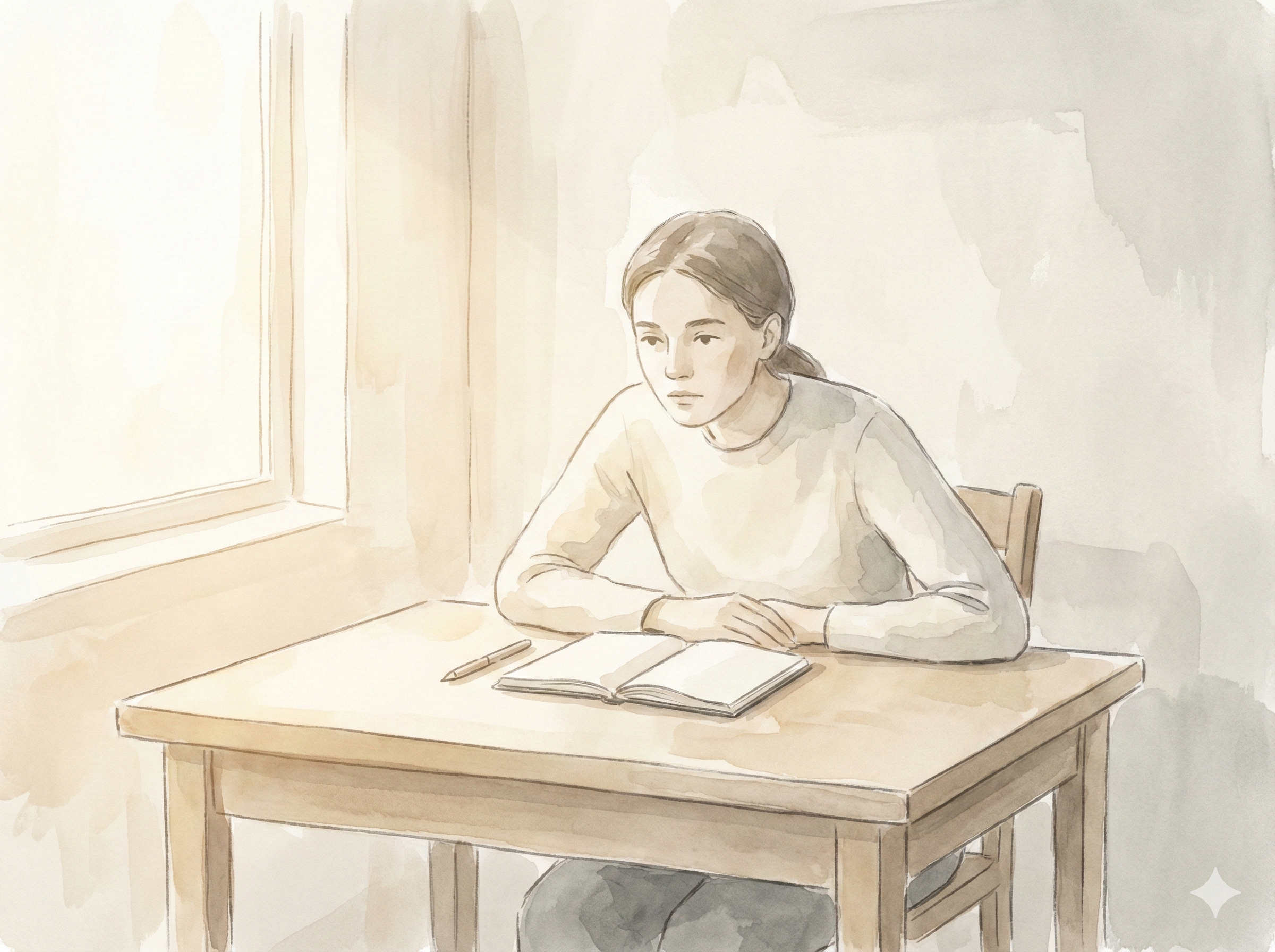 A quiet watercolor illustration of a person sitting alone at a wooden desk near a window, staring at an open notebook in thought, soft daylight filling the room