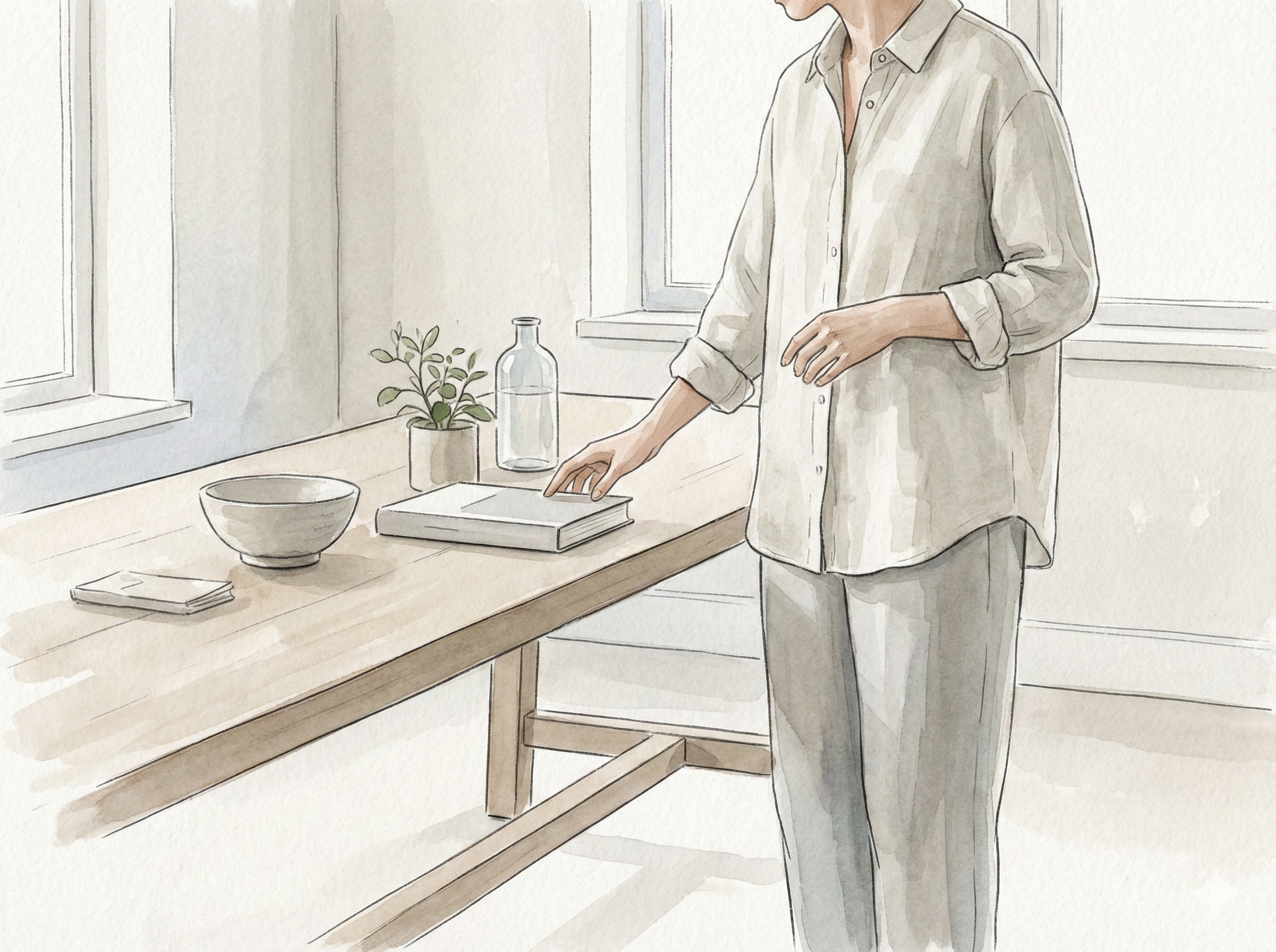 A soft watercolor illustration of a person standing beside a table, reaching toward a closed book as sunlight fills the room, suggesting a moment of commitment and choice