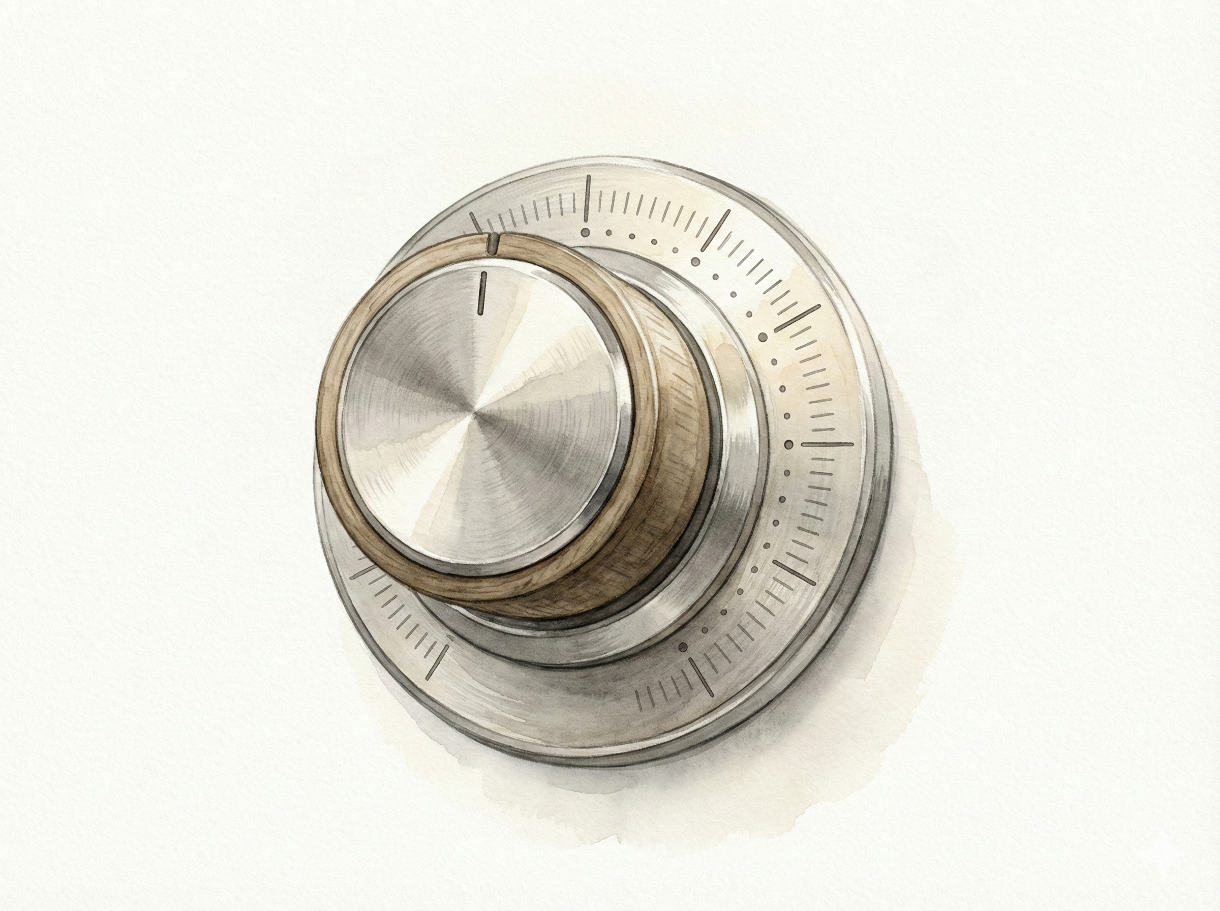 A minimalist watercolor illustration of a precision control dial turned slightly off center, representing fine judgment and knowing when to stop. Soft neutral tones, hand-painted texture, calm editorial style.