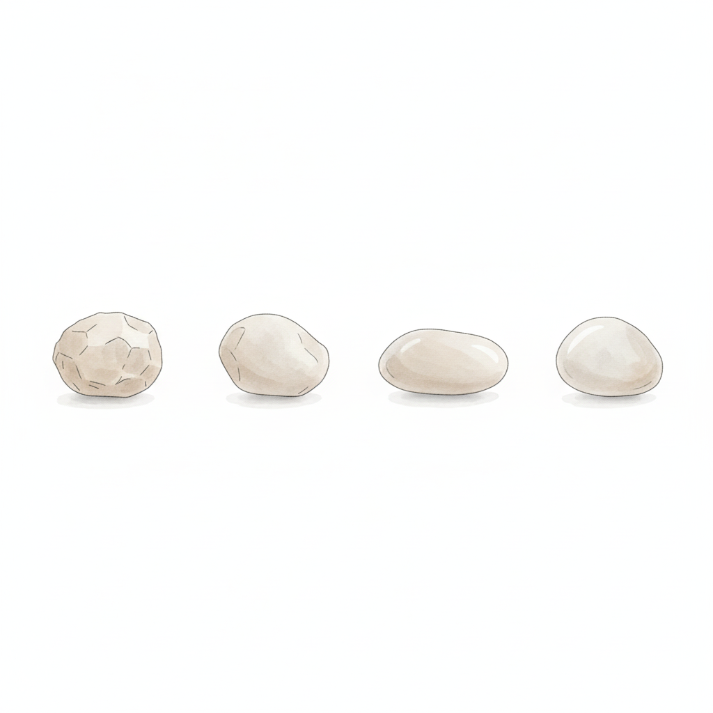 A simple watercolor illustration showing a sequence of stones becoming smoother from left to right, symbolizing refinement through intentional stopping. Minimalist composition, soft lighting, neutral palette.