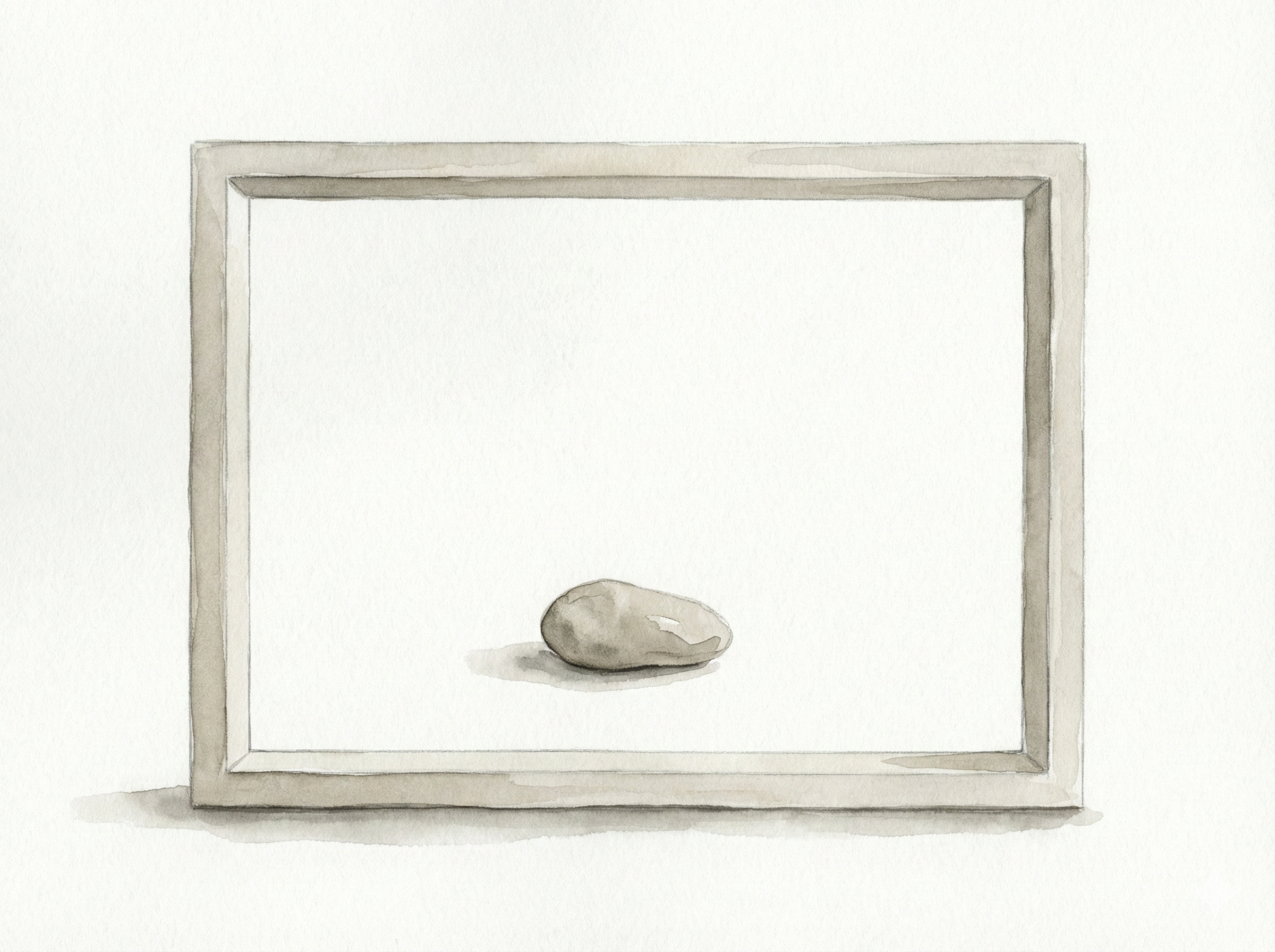 A minimalist watercolor illustration of a single stone placed inside an empty rectangular frame, symbolizing judgment exposed by speed and the removal of delay. Soft neutral tones, hand-painted texture, calm editorial style.