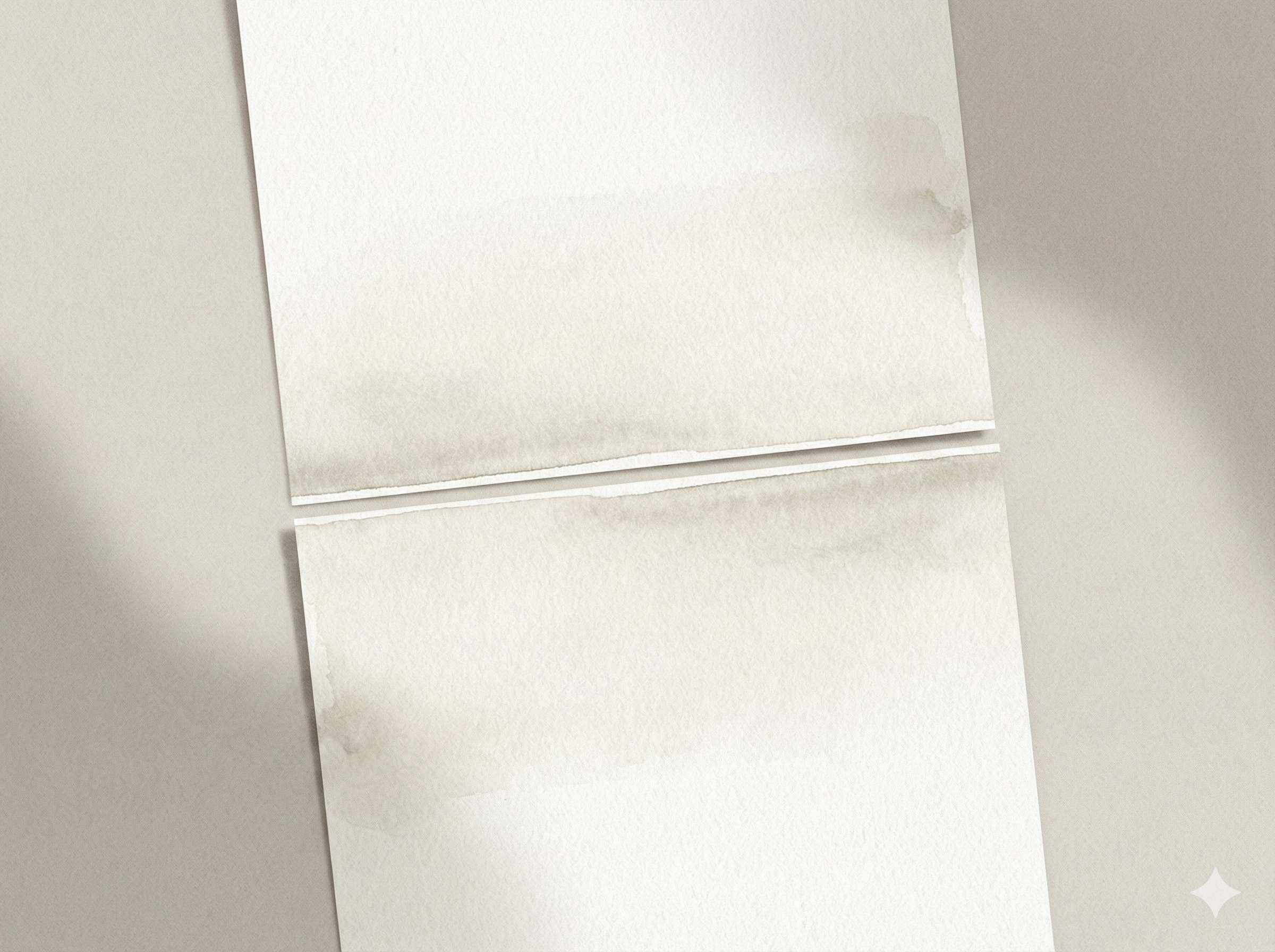 Two blank sheets of paper separated by a clean horizontal tear, symbolizing decisions that can no longer be postponed. Minimalist watercolor style, muted tones, editorial calm.