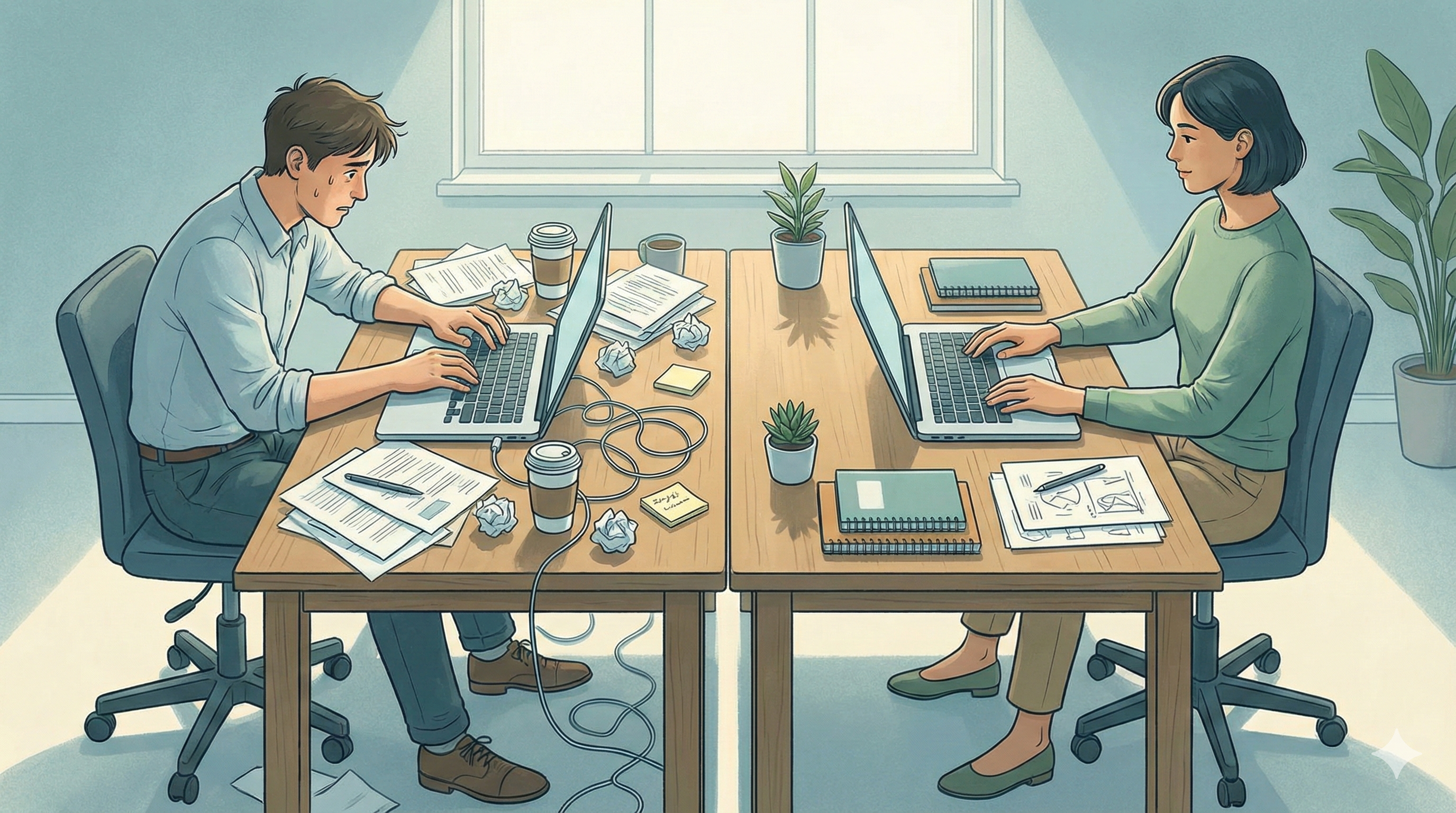 Illustration showing two people using the same tool with very different outcomes