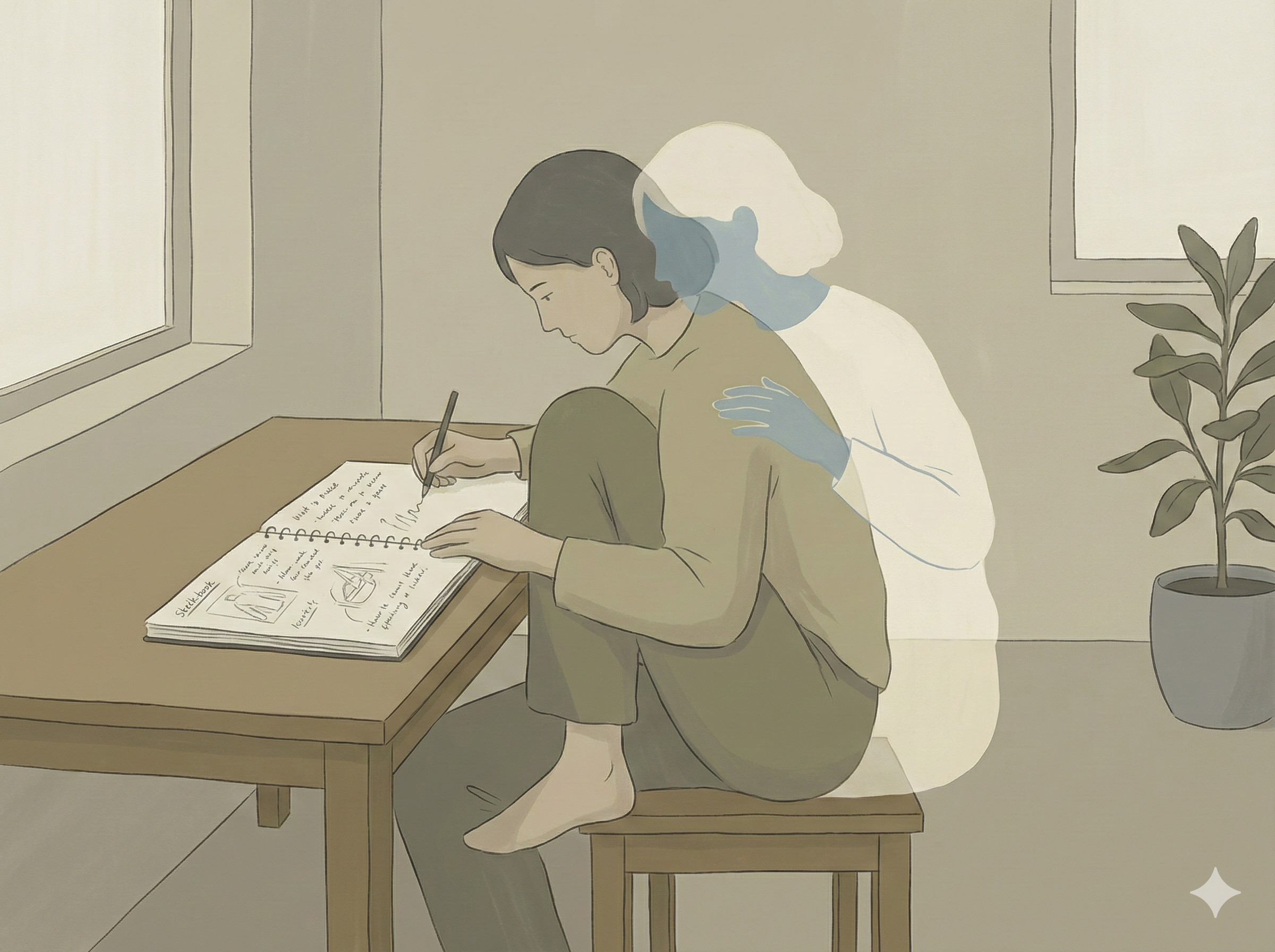 Illustration showing a person thinking first, supported by a second presence