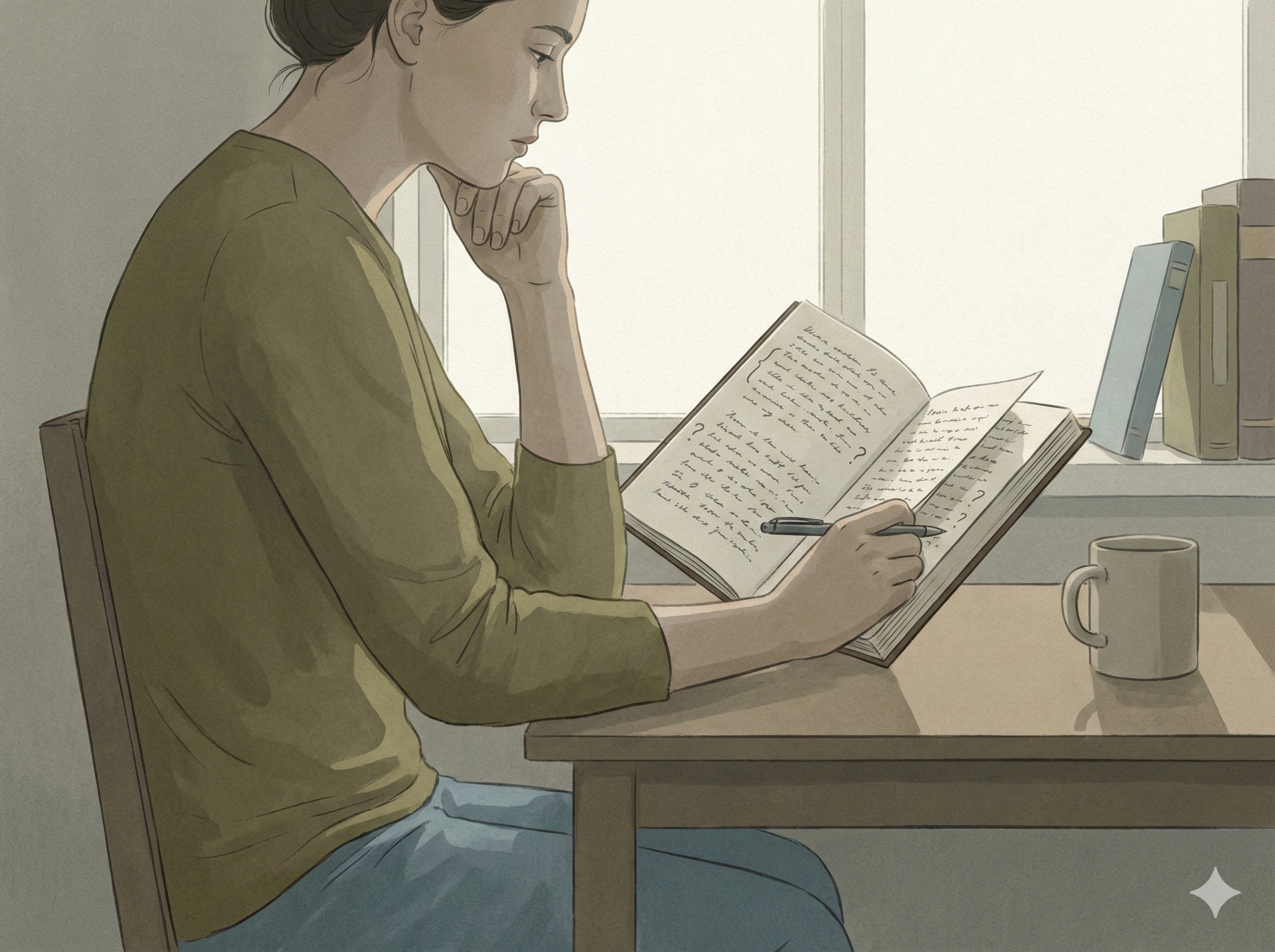 A person thoughtfully reading handwritten notes at a desk