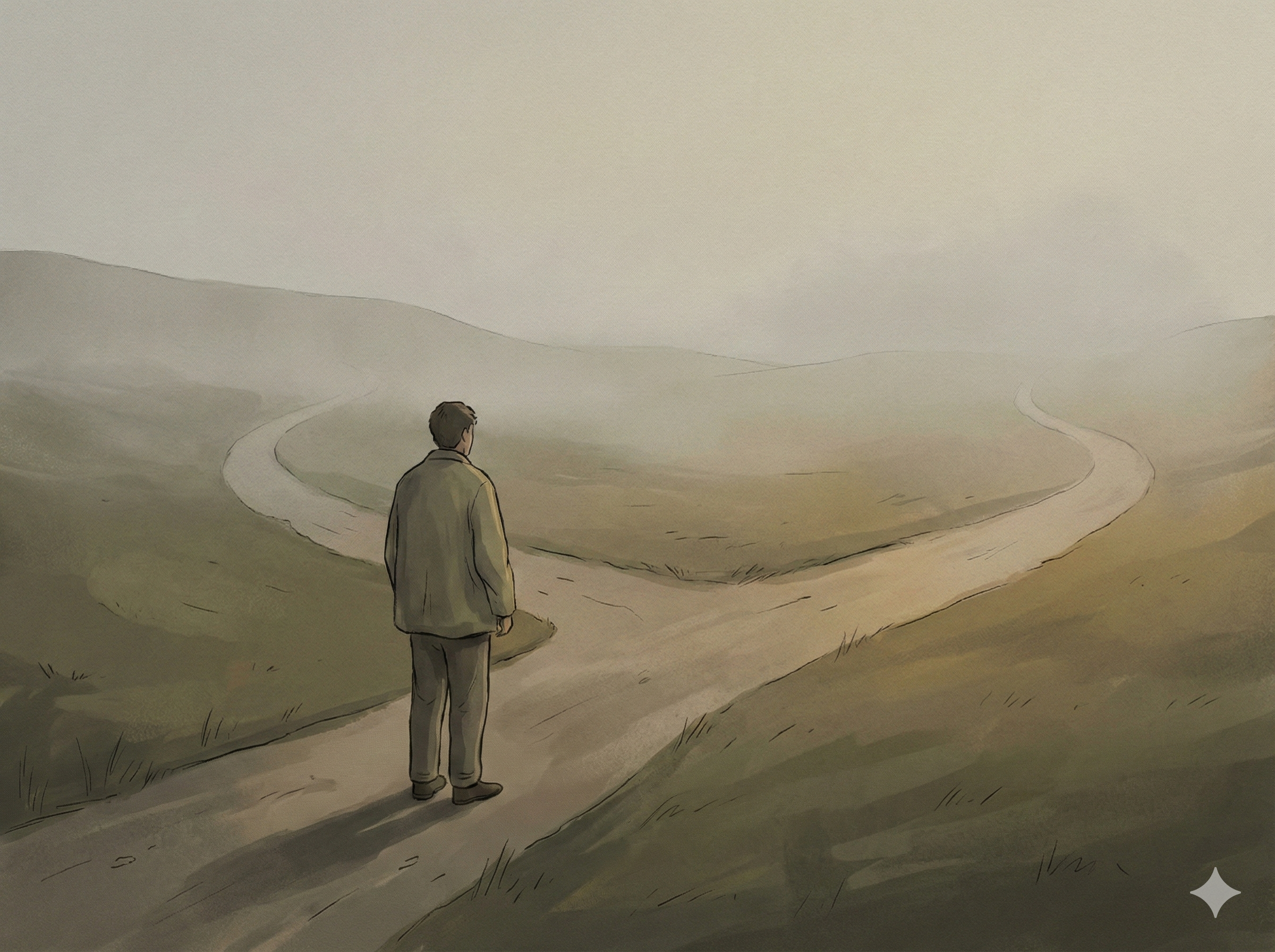 A person standing at a fork in the road, unsure which path to take