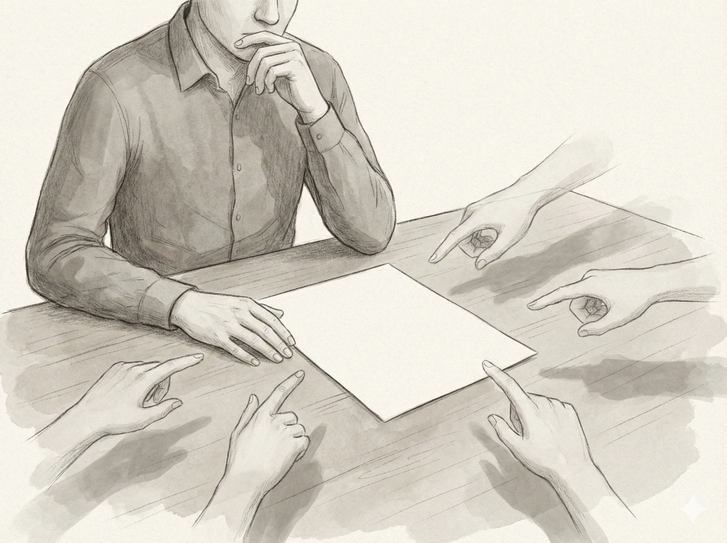 Multiple hands pointing at a blank sheet of paper, representing indecision