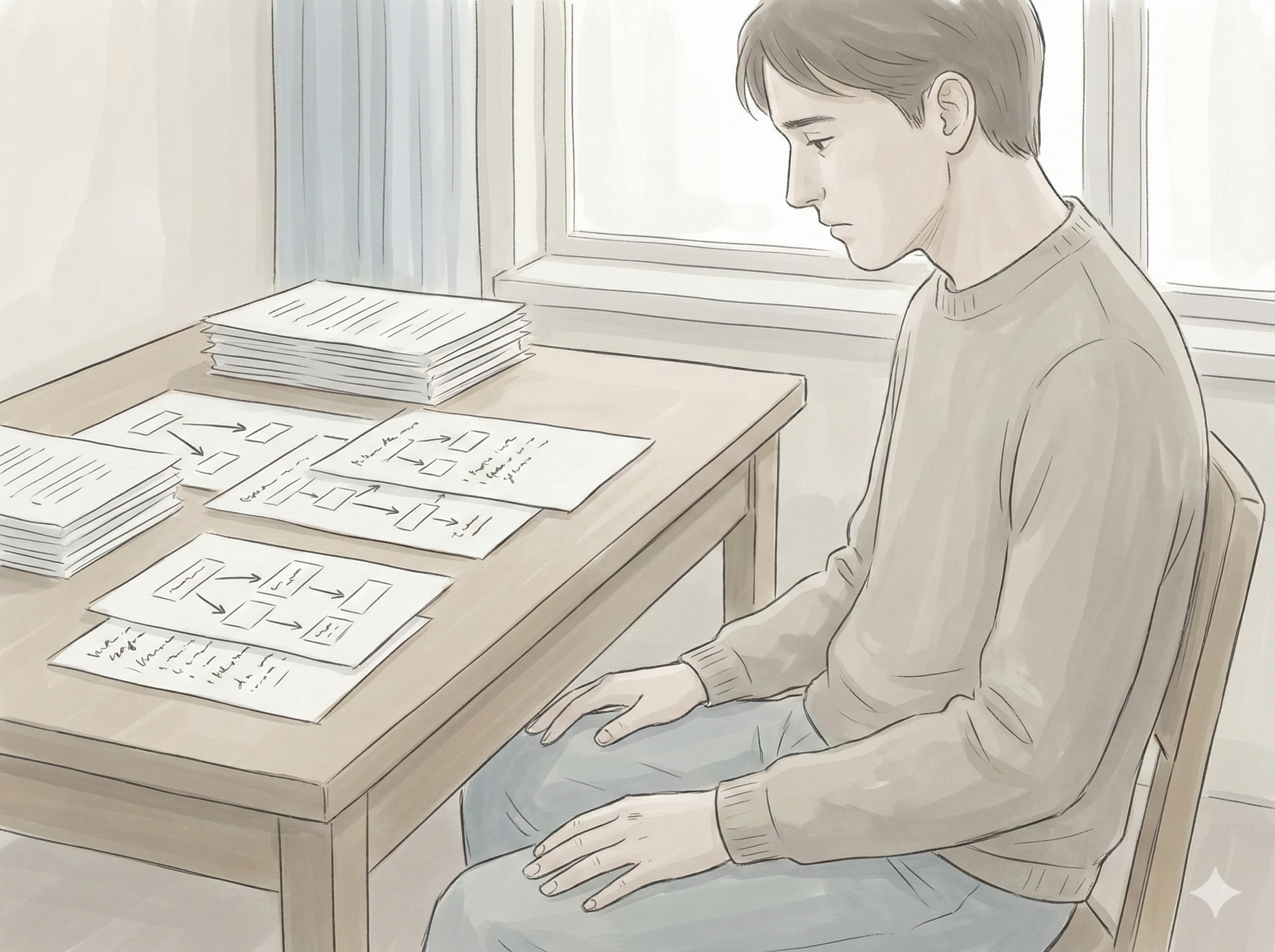 A person sitting at a desk surrounded by structured notes, feeling stuck despite clarity