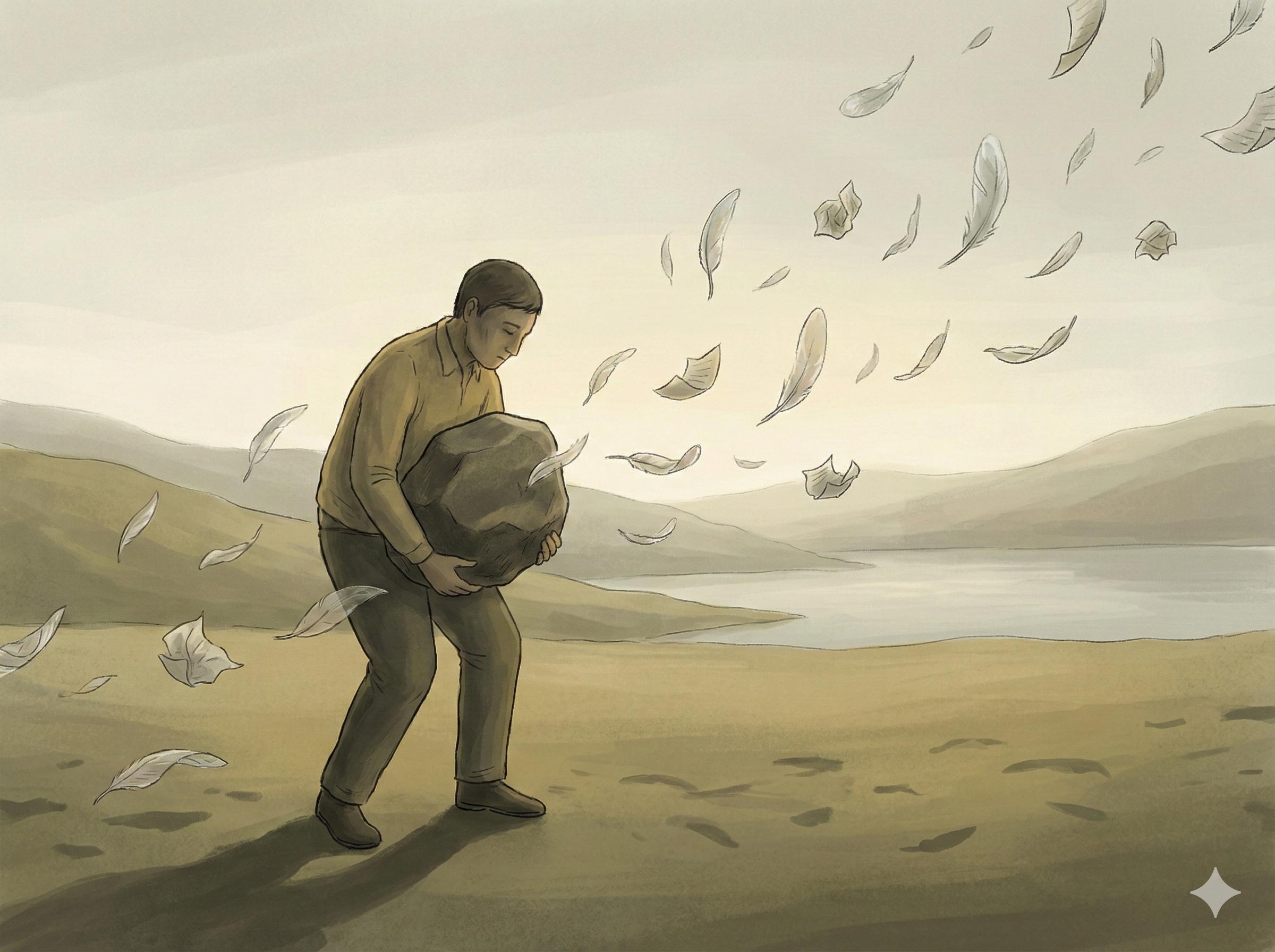 A person carrying a heavy stone while lighter objects drift away in the wind